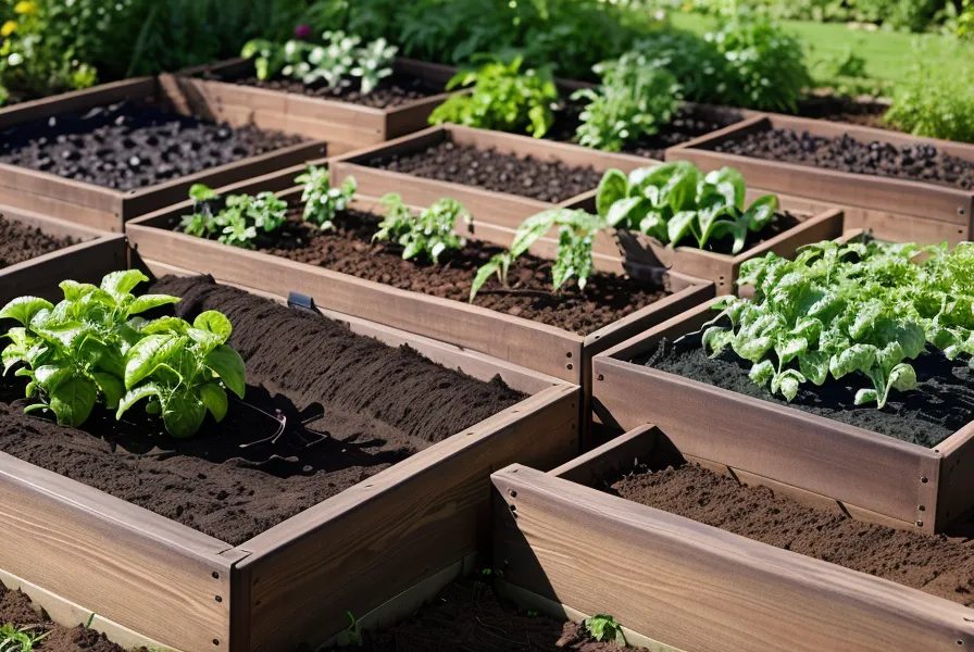 Vue rapprochée d'un potager surélevé en bois à hauteur de hanche pour jardiner sans se baisser.