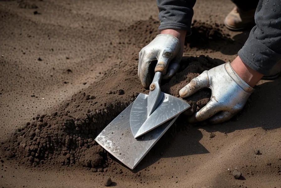Mains jardinant dans la terre humide avec un transplantoir, agenouillé sur un tapis de mousse protecteur.