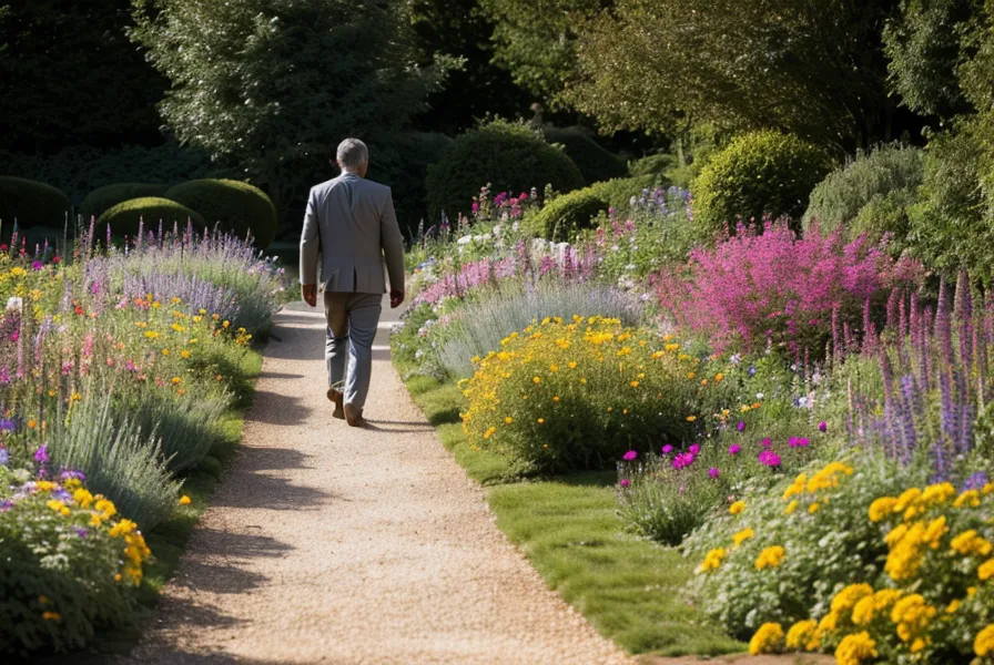 Un homme marchant calmement dans son jardin pour détendre son dos après une séance de jardinage.