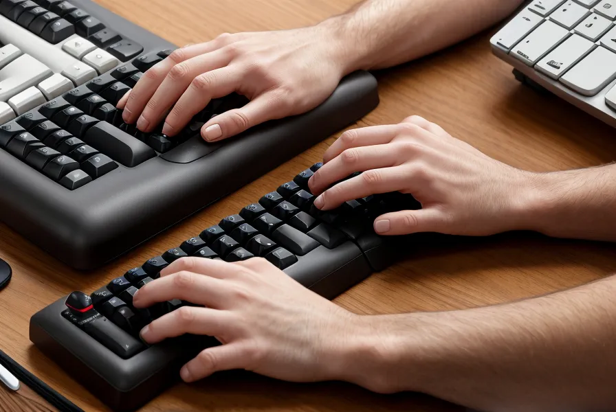 Mains d'un employé de bureau respectant l'angle de 90 degrés pour les coudes.