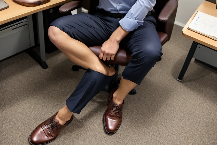 Étirement discret des jambes sous un bureau pour soulager le psoas.