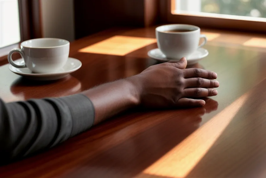 Mains d'un employé de bureau posées sur un bureau en bois avec un café.