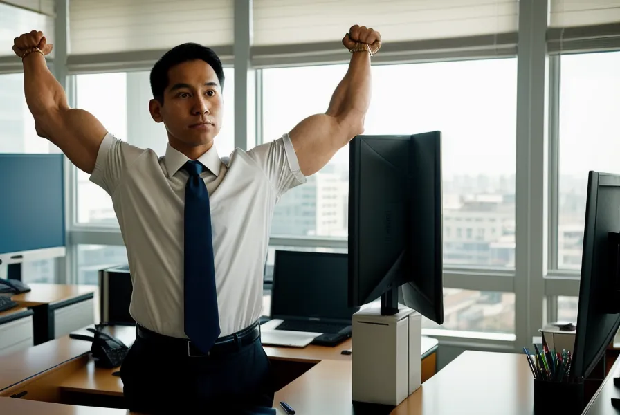 Un homme qui se lève de son bureau pour s'étirer doucement.
