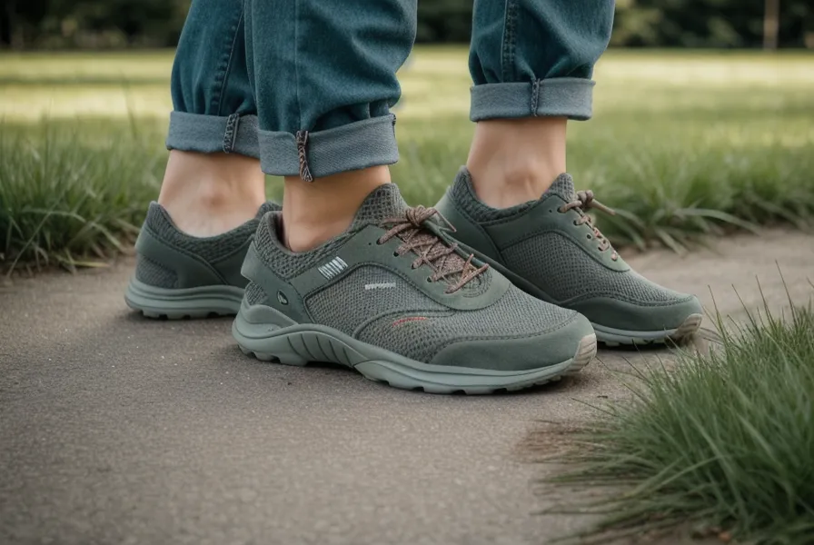 Gros plan sur des chaussures de marche sur un chemin de parc.